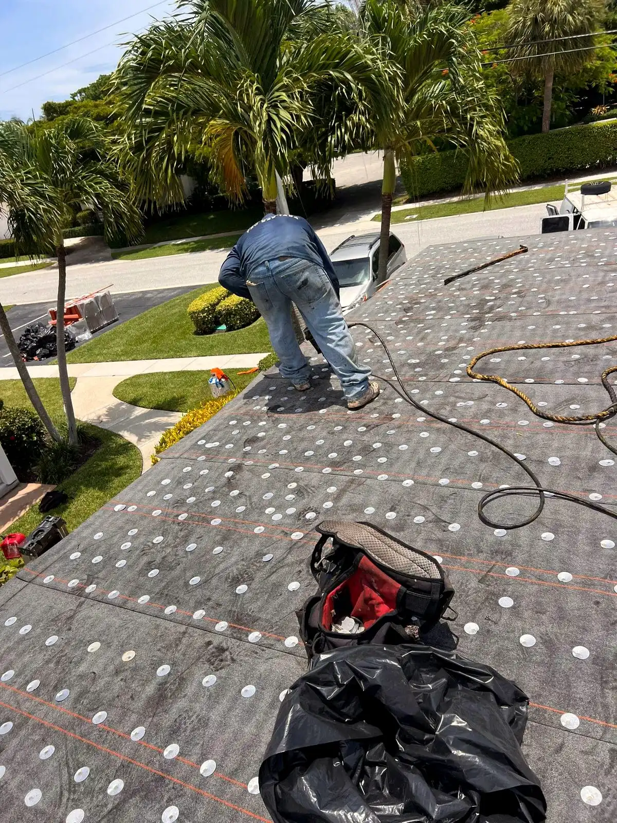 A roofer fastening cap-nailed underlayment across a roof deck, with palm trees beyond