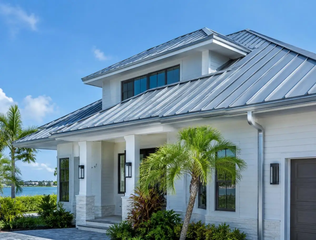 Illustration of a white South Florida home with a standing seam metal roof