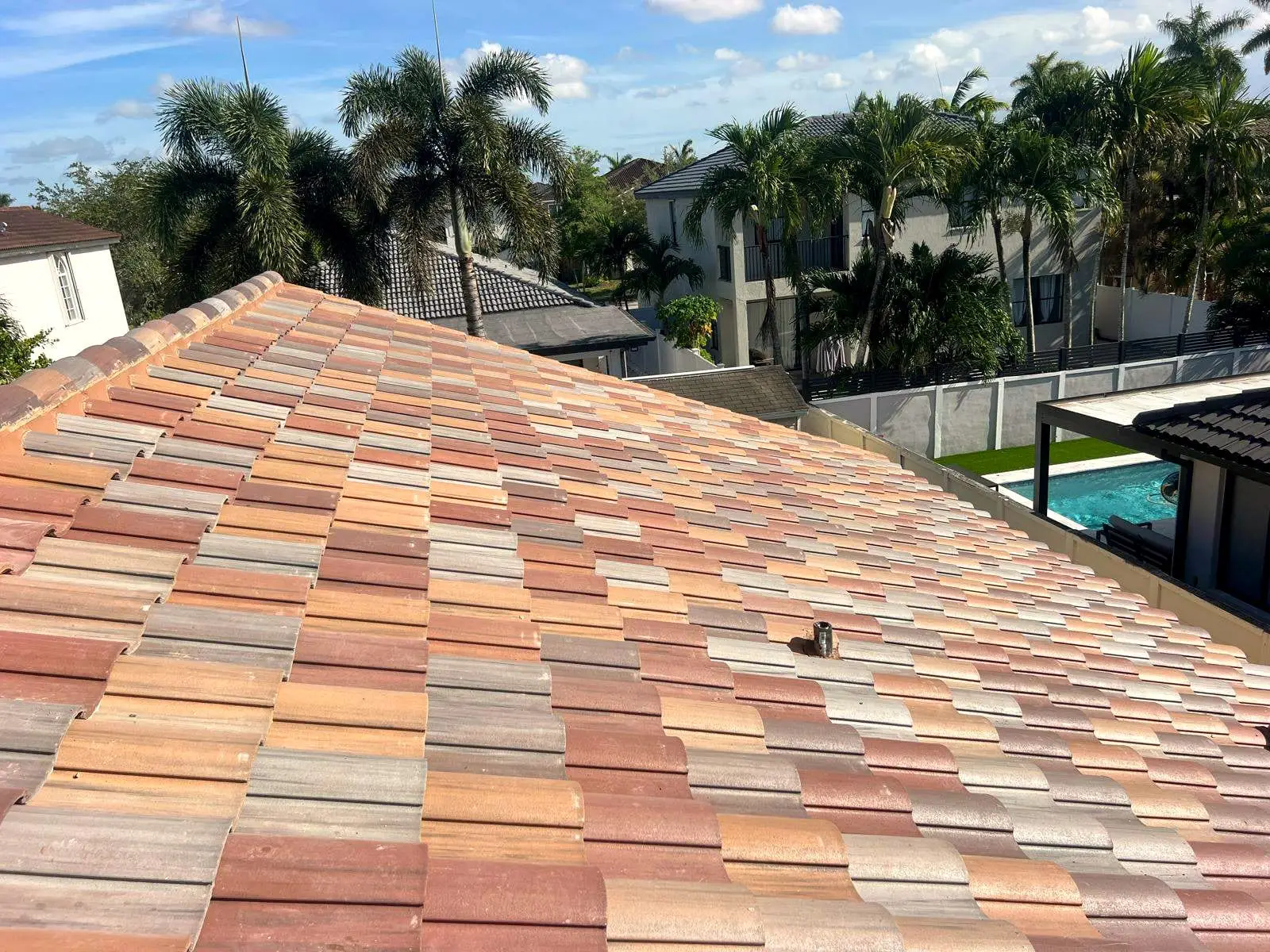 Finished tile roof beside a backyard pool, with palm trees beyond